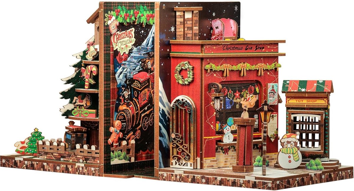 CuteBee - Book Nook - DIY Miniatuur Huisjes - Modelbouwpakket - Houten Modelbouw - Tieners (14+) - Volwassenen - Houten Boekensteun - 2-in-1 Boekhouder - Christmas Cottage (IDC02)