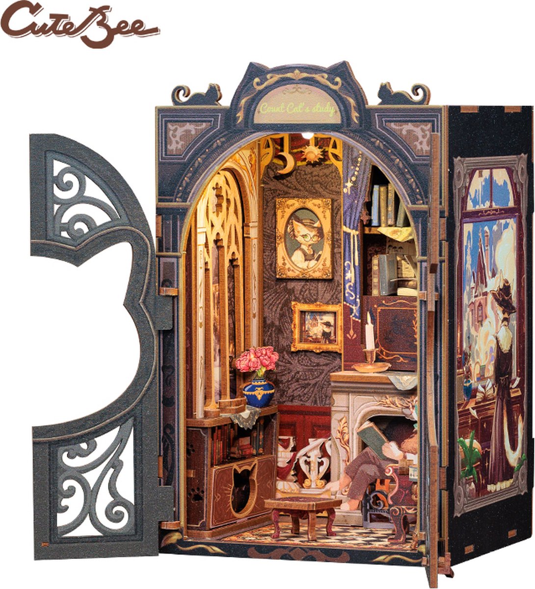CuteBee - Book Nook - DIY Miniatuur Huisjes - Modelbouwpakket - Houten Modelbouw - Tieners (14+) - Volwassenen - Houten Boekensteun - Count Cats Study (SD03)
