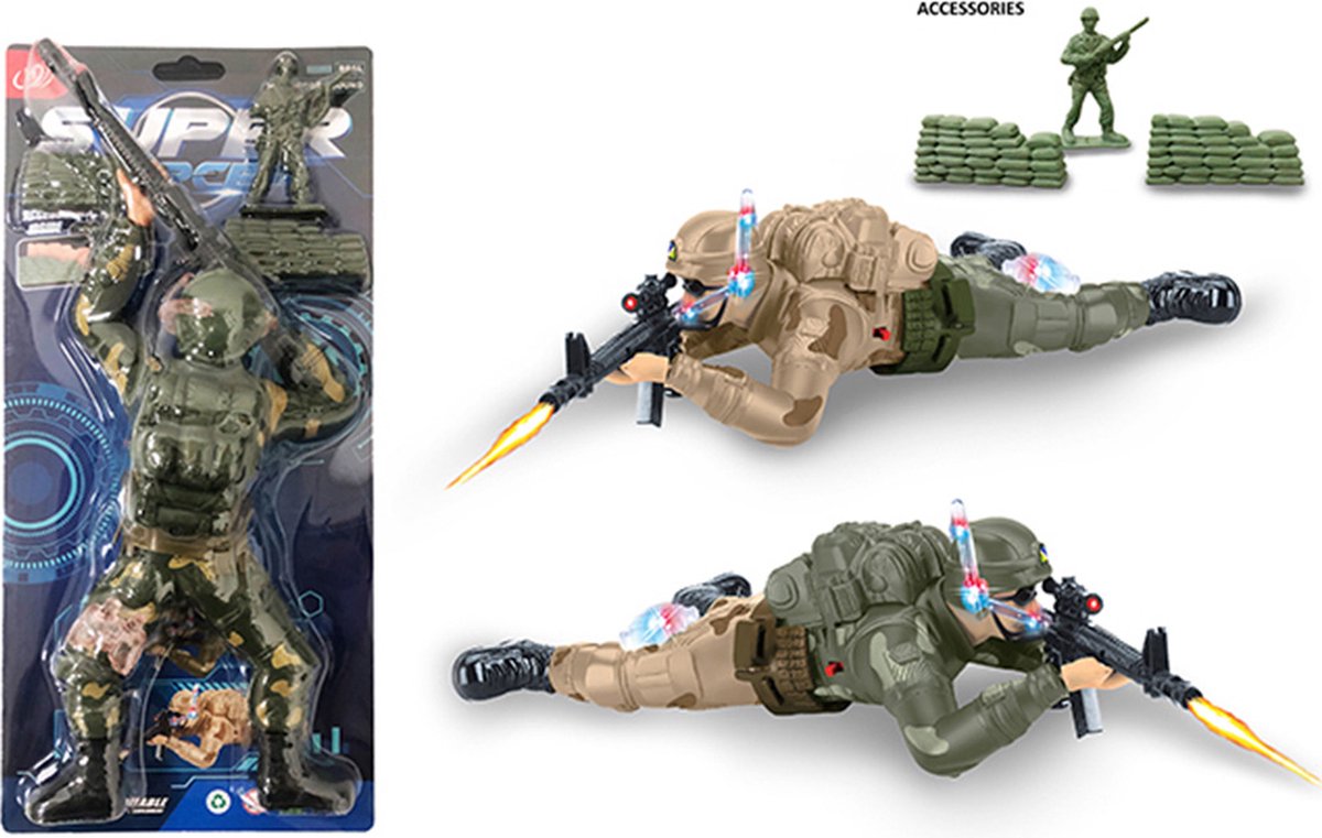Militair Super Force Combat - Militairman - maakt schietgeluiden - kan kruipen - led lichtjes