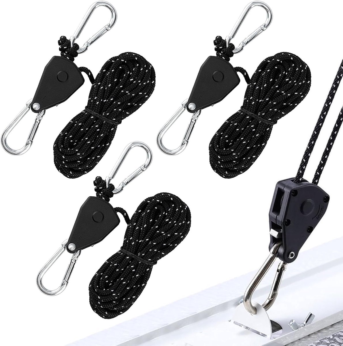 3 Stuks 4m ratelspanners voor kampeerschaduwzeil, reflecterend, met karabijnhaak, ophangbaar voor plantenhangers, lampen of ventilatoren