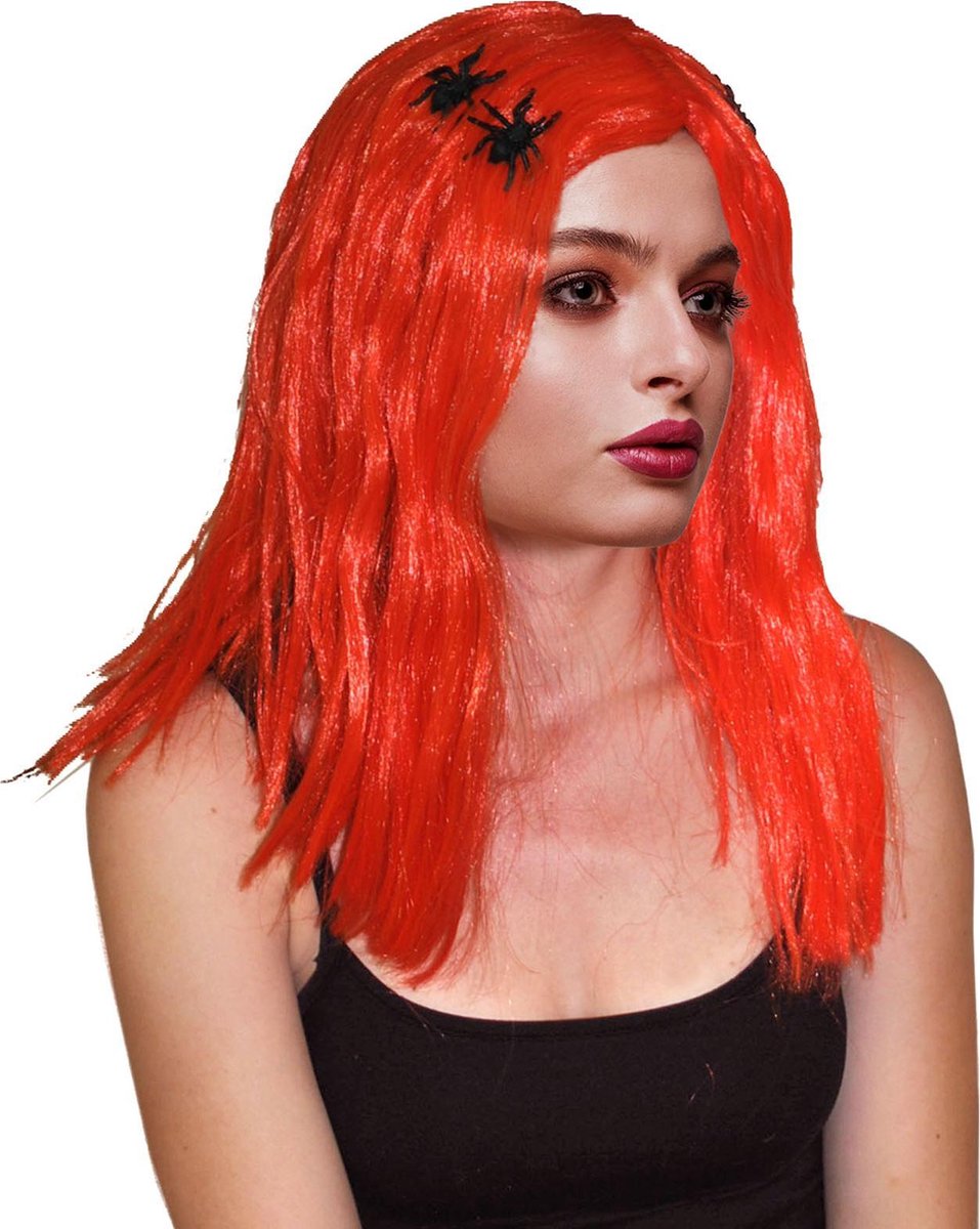 Pruik heks oranje met spin - verkleedfeestje - halloween
