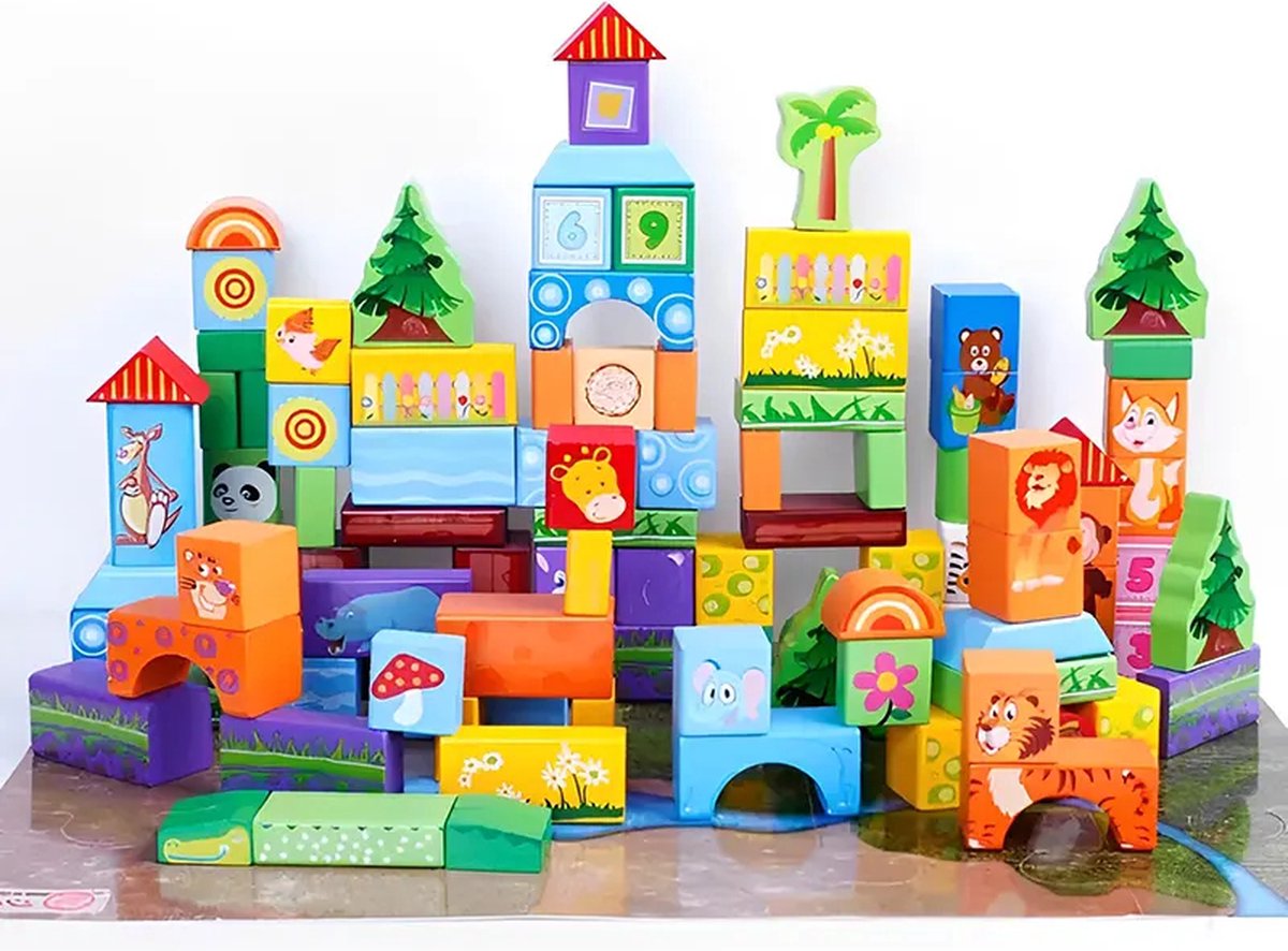 DBD Houten dieren speelblokkenset 100 stuks - educatief - kindvriendelijk