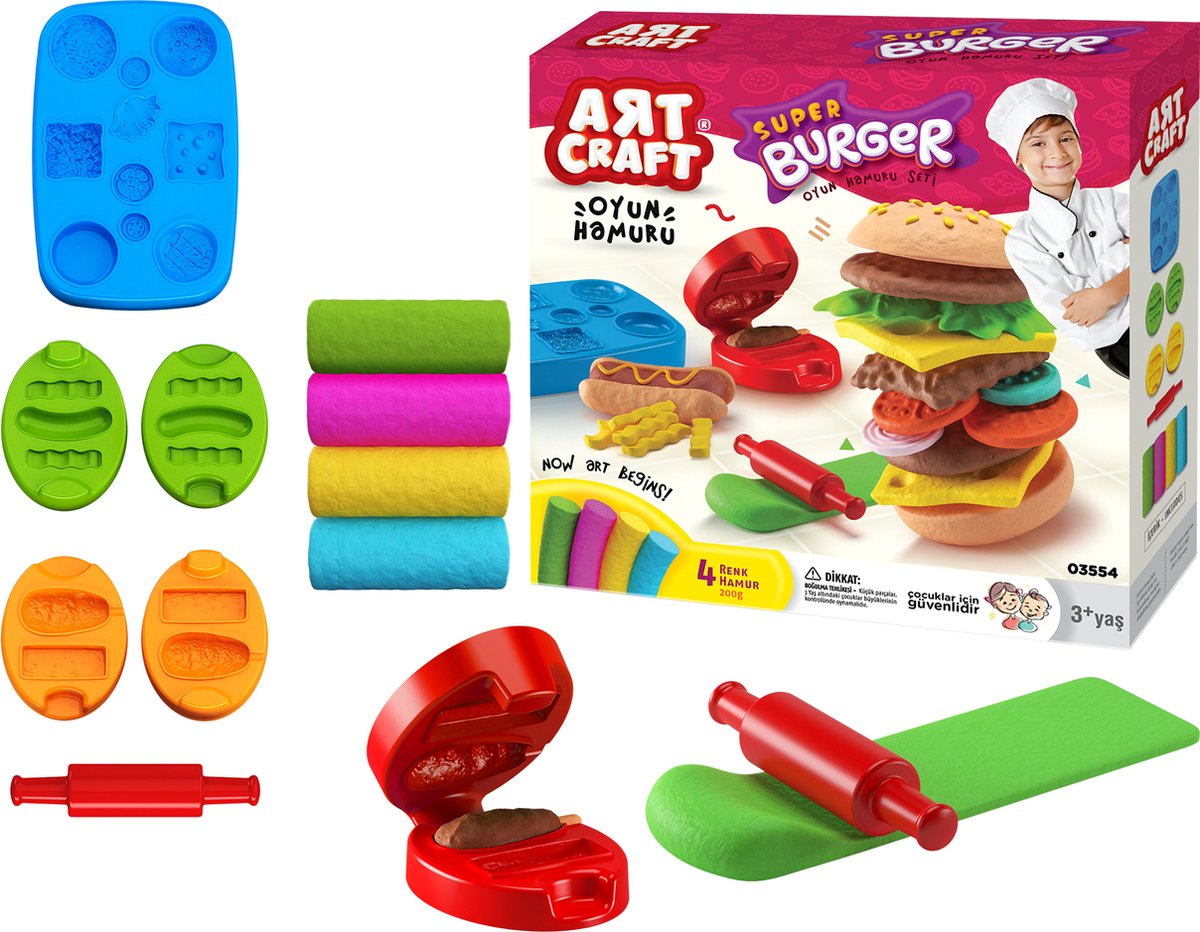 ART CRAFT- Klei Set- Burger Klei Set- HAMBURGER DOUGH SET -200gr Klei Set +8 Accessoires