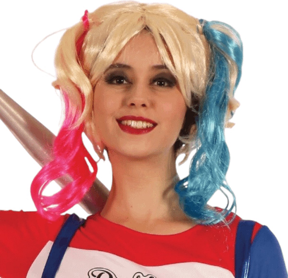 Pruik Harley Quinn Halloween blond-roze-blauw