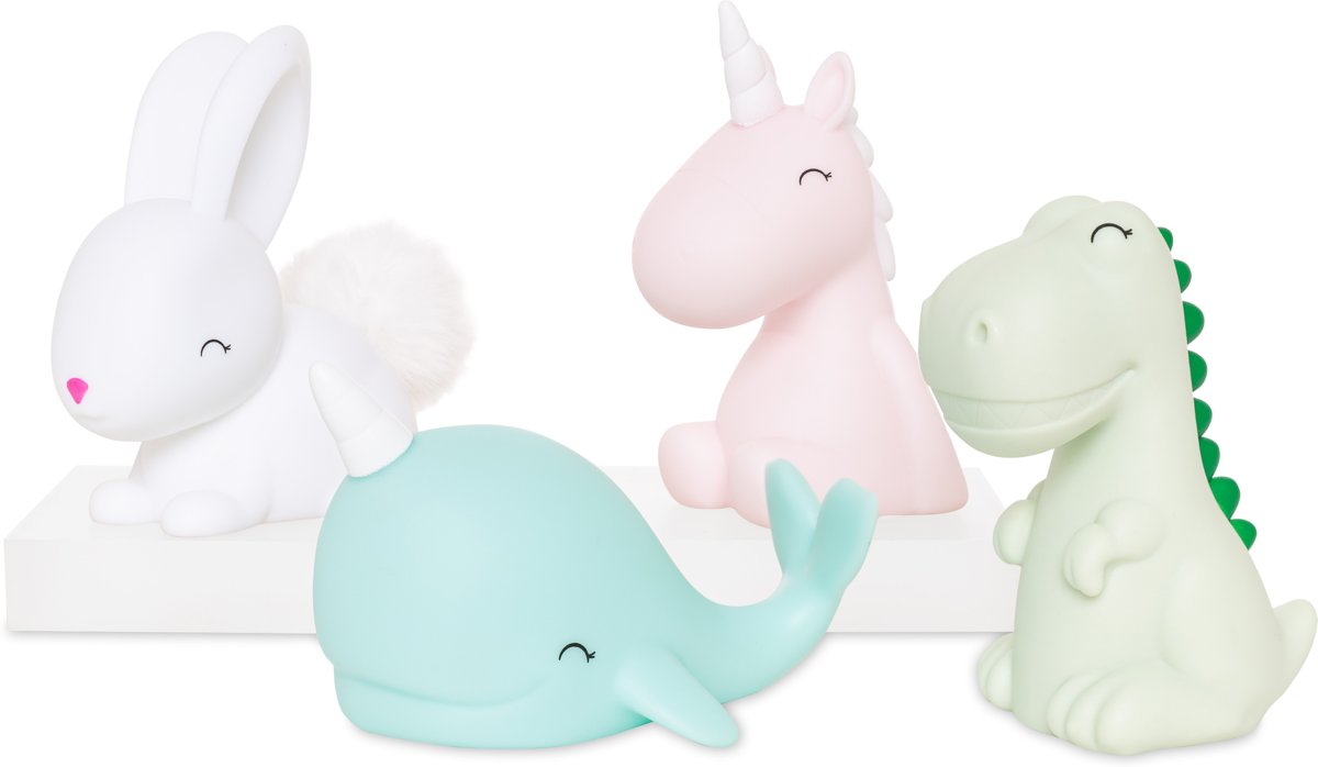 Dhink Kinder Speelset van 4 Kleine Karakters een Eenhoorn, Konijn, Dinosaurus en Walvis