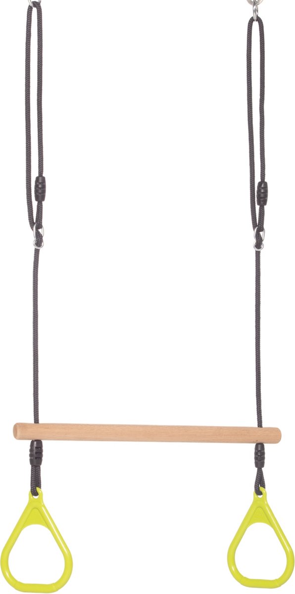 Houten Ringtrapeze met Kunststof Ringen Limegroen - Zwart Gevlochten Touw