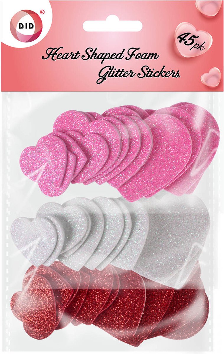 45x stuks Hartjes glitters stickers van foam voor kinderen - Agenda/schrift decoraties of als Valentijn artikel