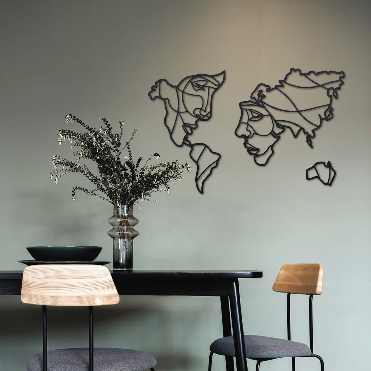 DID Wereldkaart - Gezichten Hout - Zwart - 120cm x 77cm