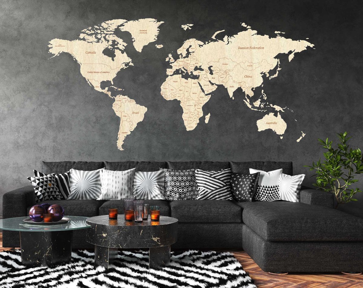 DID Wereldkaart Hout - Landsgrenzen / Namen Landen - Wengé - 160cm x 79cm