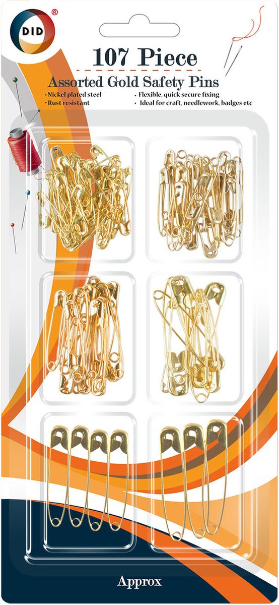 Goudkleurige veiligheidsspelden in 6 verschillende maten 107x stuks - Roestvrij vernikkeld staal
