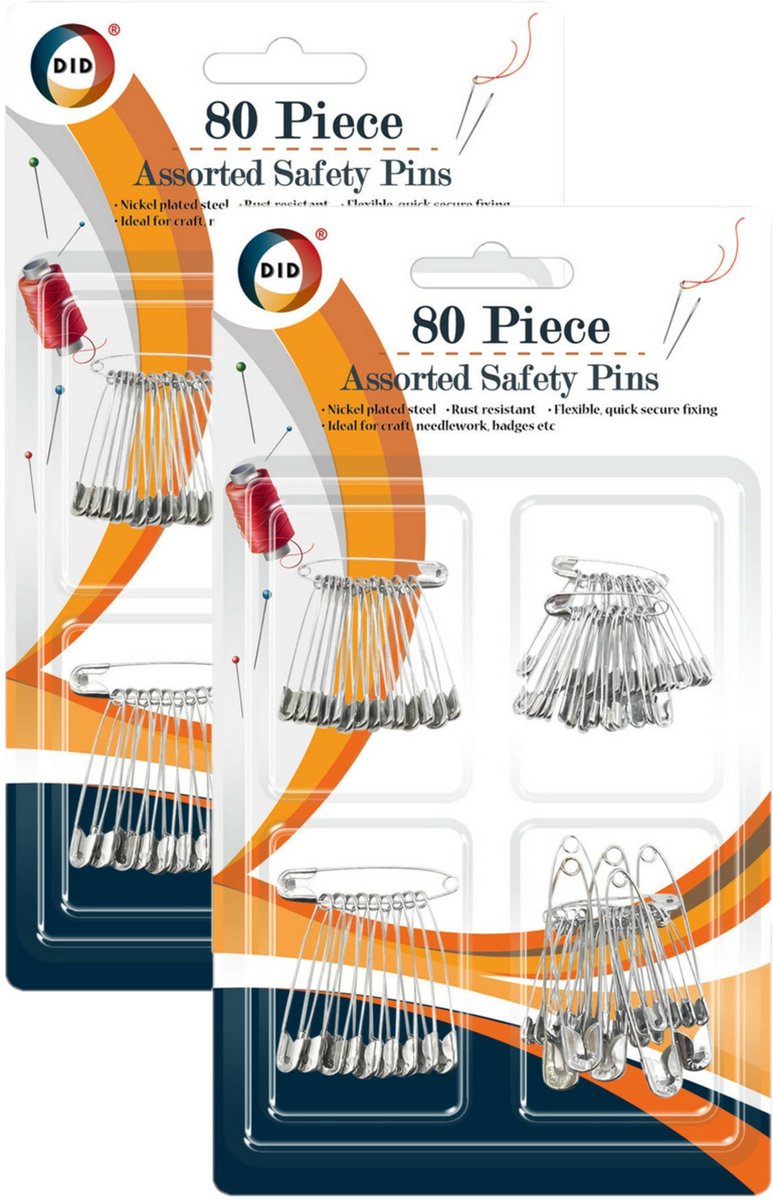 Veiligheidsspelden in 4 verschillende maten 160x stuks - Roestvrij vernikkeld staal