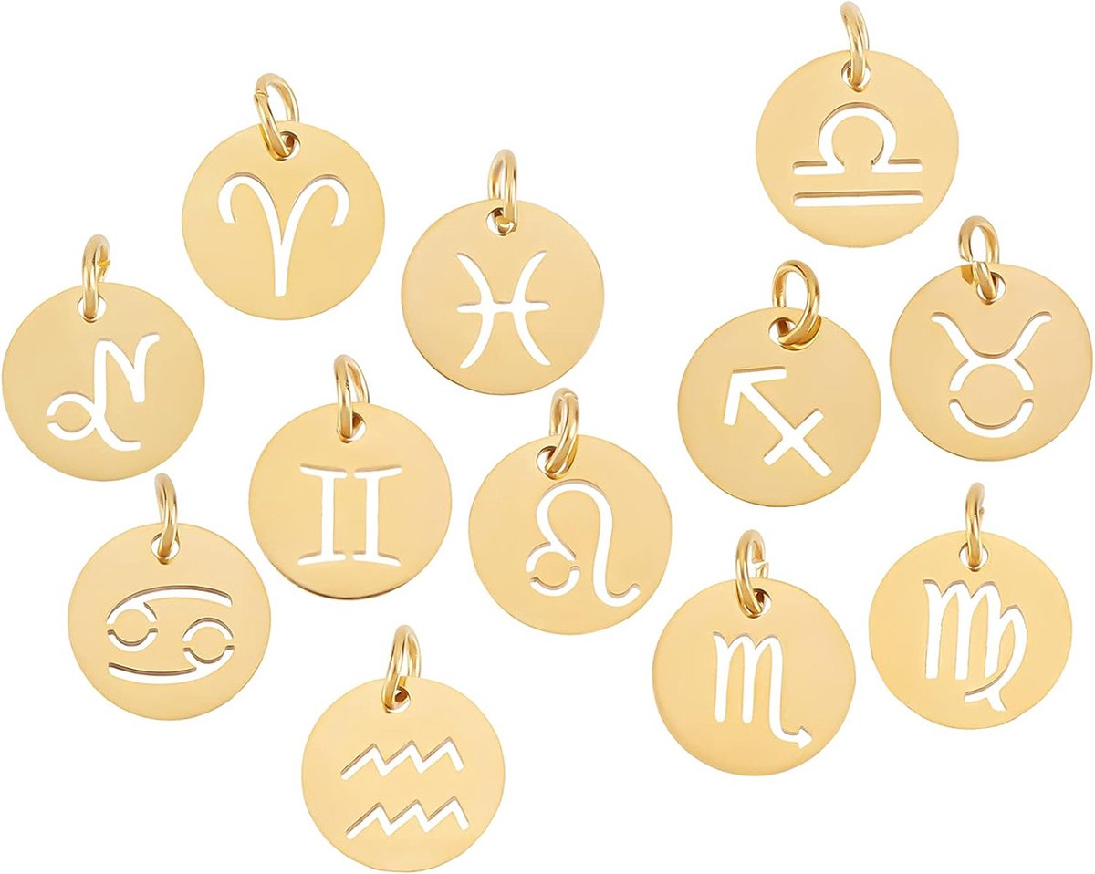 12 Stks Zodiac Charm 12 Constellation Sign Letters Legering Hangers Dubbelzijdig Ronde Emaille Metalen Charms Sieraden Maken voor   Ketting Armband Oorbel Levert Accessoires