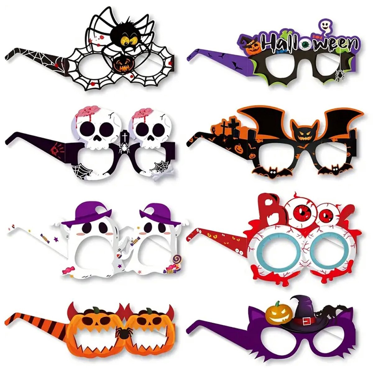 DW4Trading Halloween Papieren Bril Set van 8 Stuks - Pompoen Vleermuis Heks