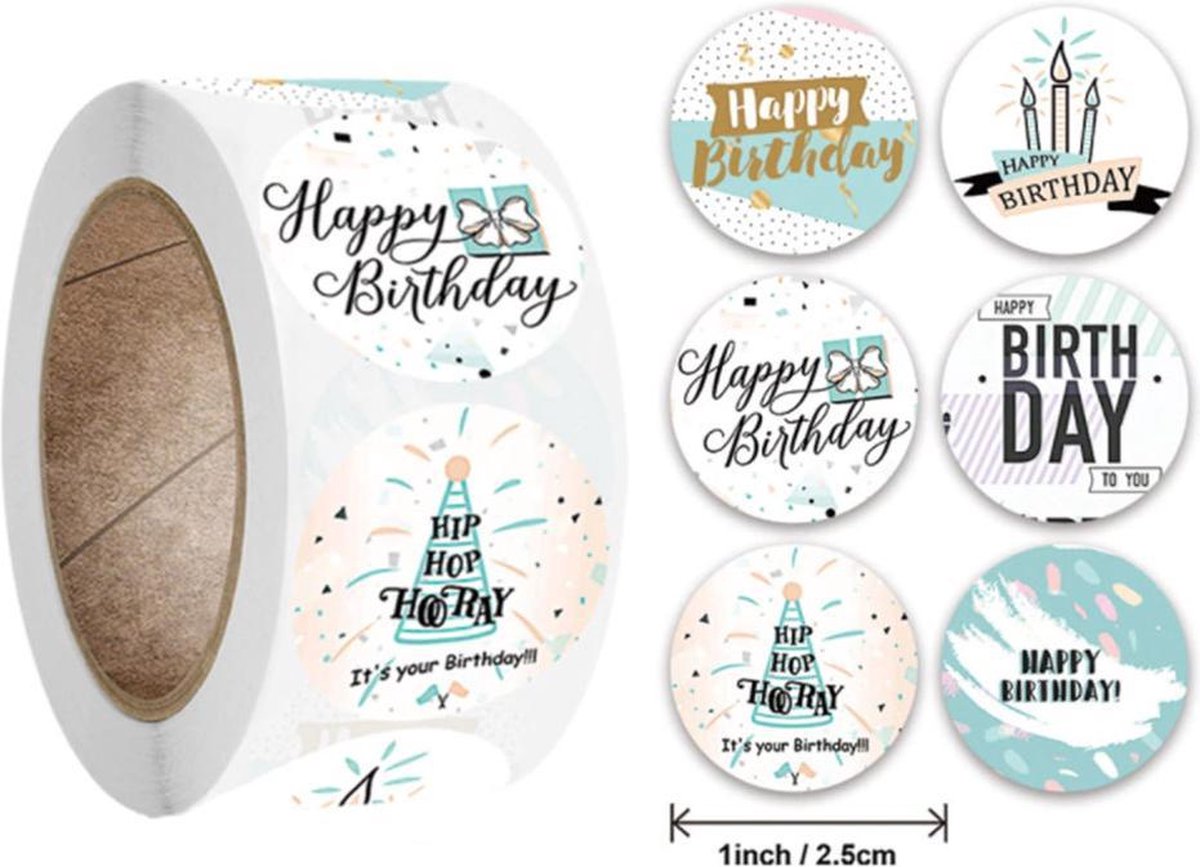 DW4Trading® Stickerrol happy birthday 2,5 cm 500 stuks