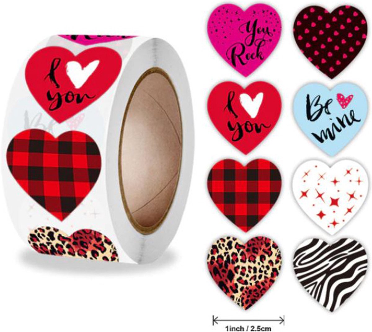 DW4Trading® Stickerrol zebra/rode hartjes 2,5 cm 500 stuks