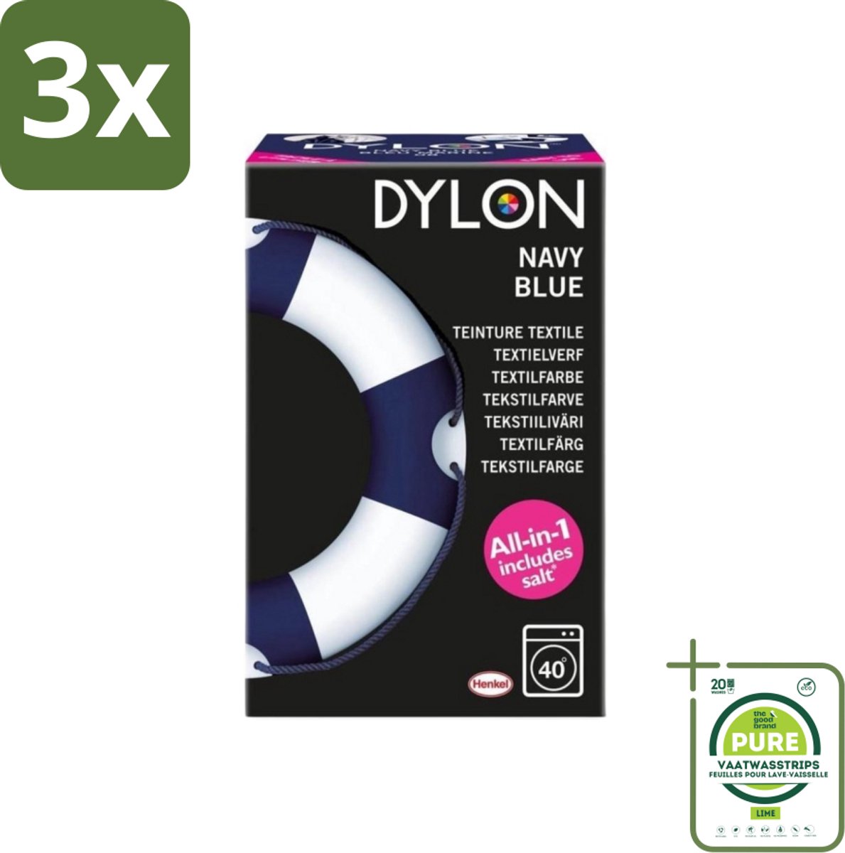 3 x Dylon - Textielverf - Navy Blue - All-in-One - Inclusief Zout - 350g - Grootverpakking - Textielverf - Kledingverf - Dylon Verf - Kleurtje Kleding - Stofverf
