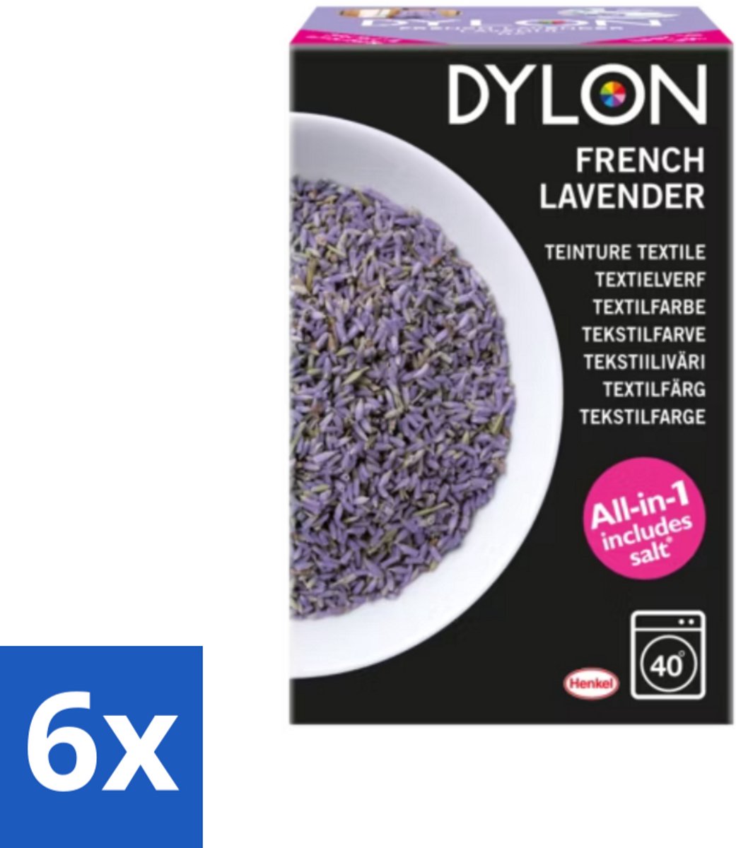 6 x Dylon - Textielverf - French Lavender - All-in-One - Inclusief Zout - 350g - Textielverf - Dylon - Lavendelkleur - Verfstoffen - Textielverfset