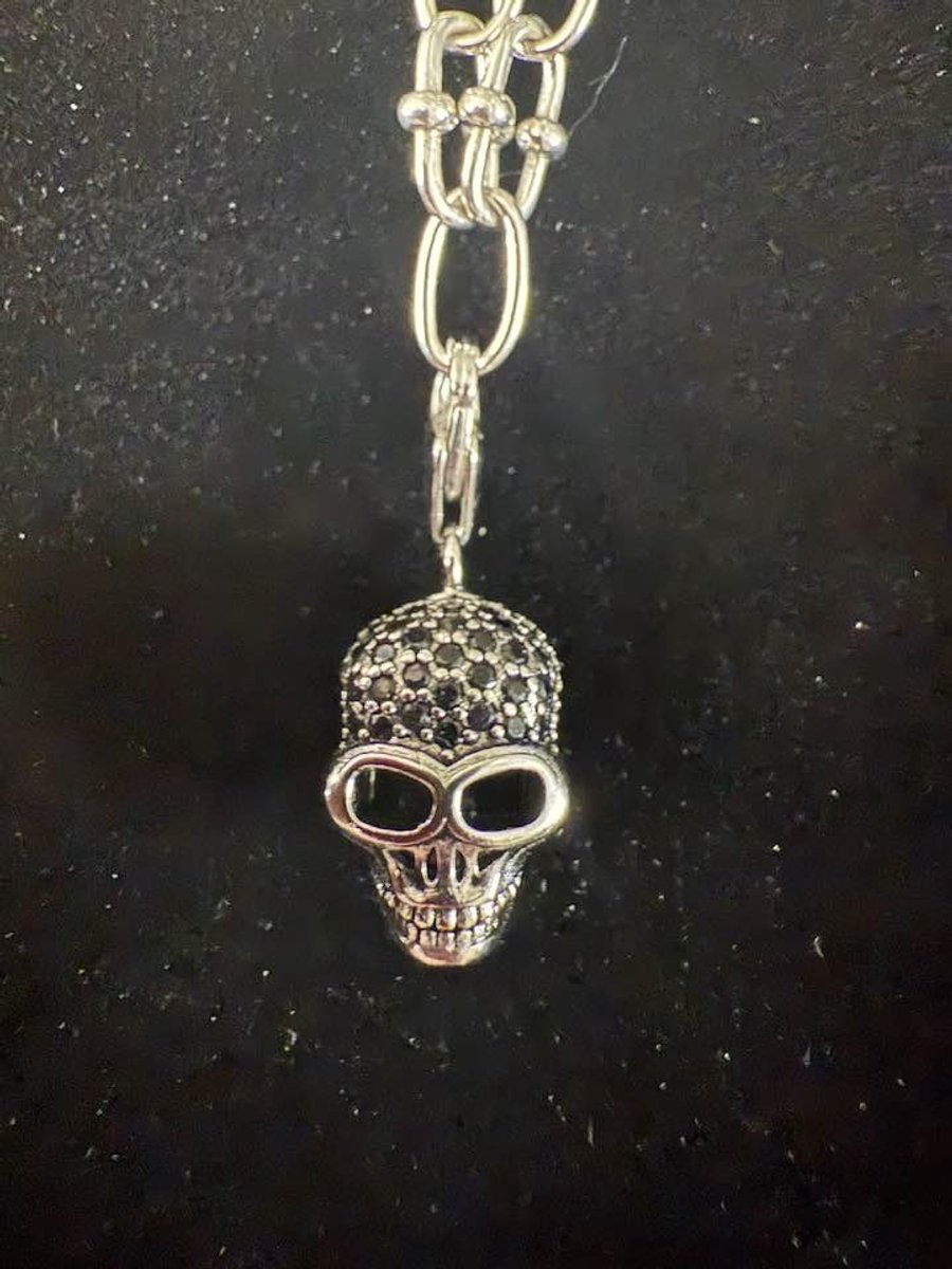 Zilveren skull bedel met ketting 60cm. Zilveren doodskop met hals ketting. Bewerkte schedel hanger met ketting.