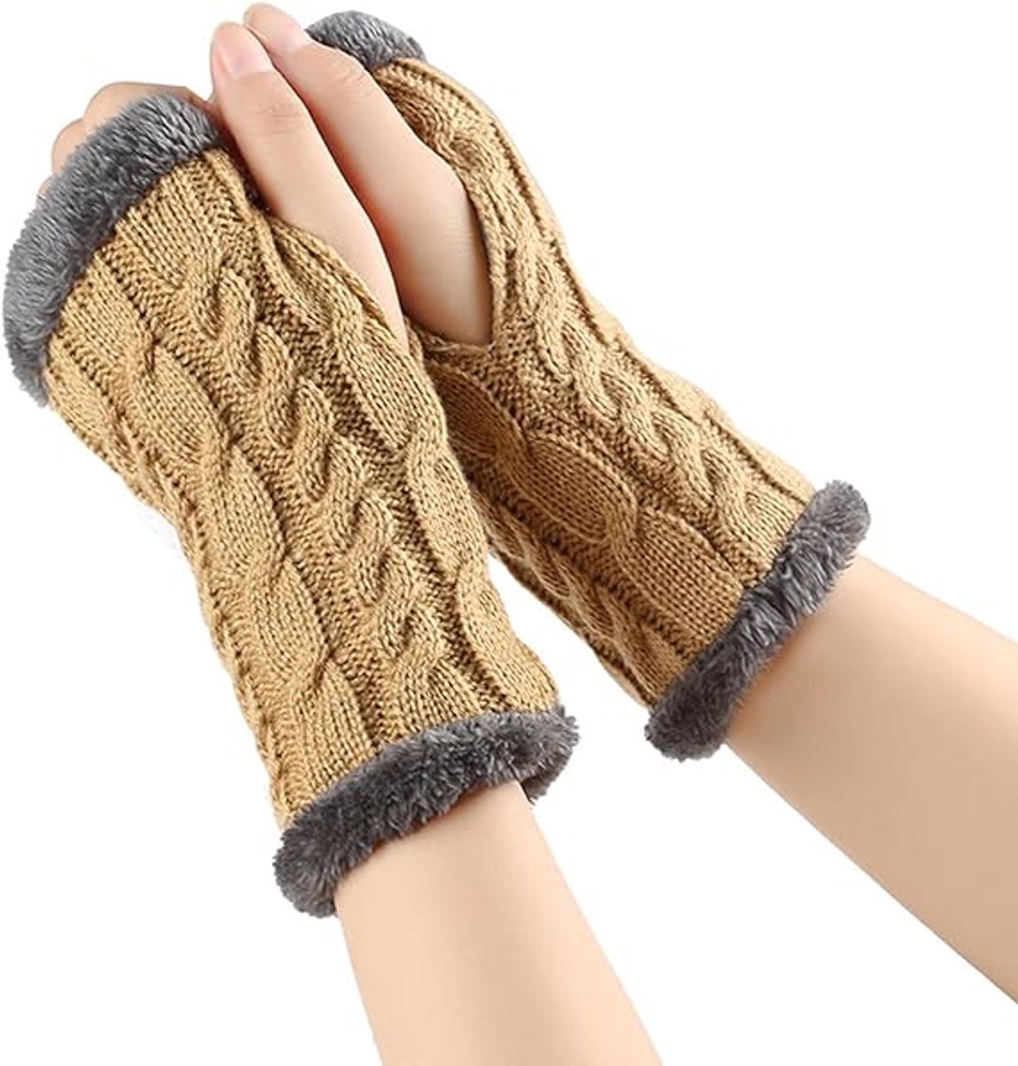 Daity 1 paar ecru gebreide mouwen vingerloze gebreide handschoenen, winterwanten, kledingstukken met duimgaten