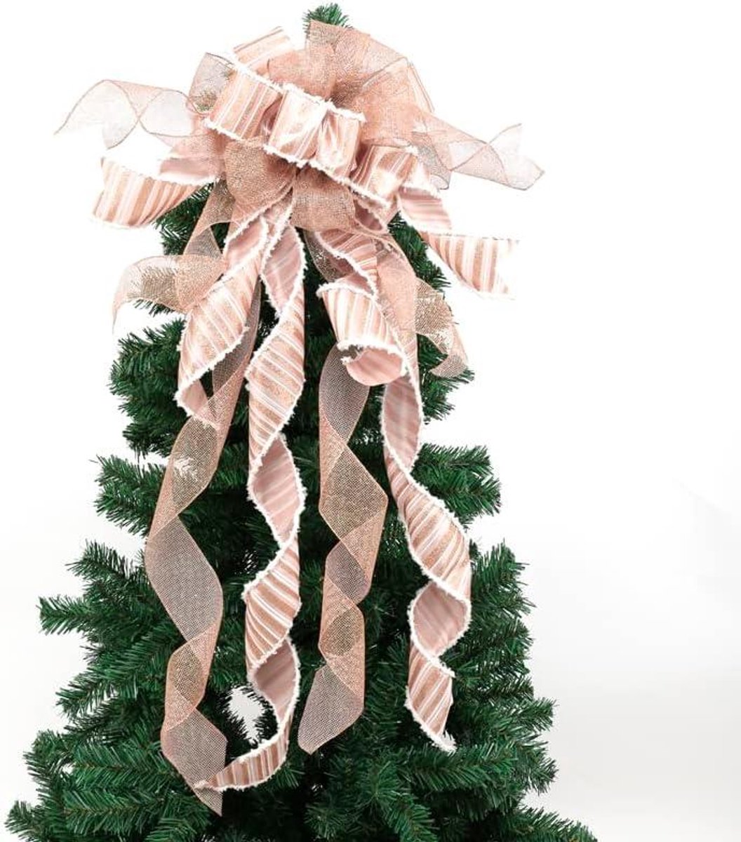 Daity 1 stuk - Handgemaakte kerstboomtopper met buffelruit, rode en zwarte kerststrikdecoratie, kerstdecoratie voor thuis (100cm)