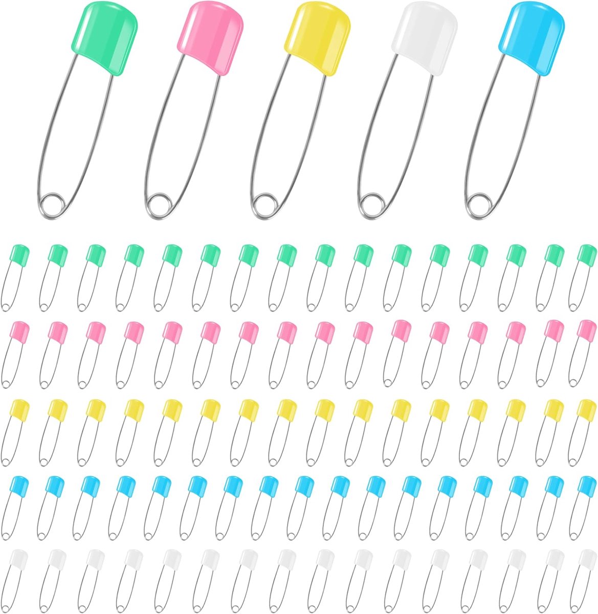 Daity 100 Pack - Veiligheidsspelden van roestvrij staal, 2,2 inch kindveilige spelden, veiligheidsspelden met kunststof punt, grote spelden met sluitklemmen, 5 kleuren
