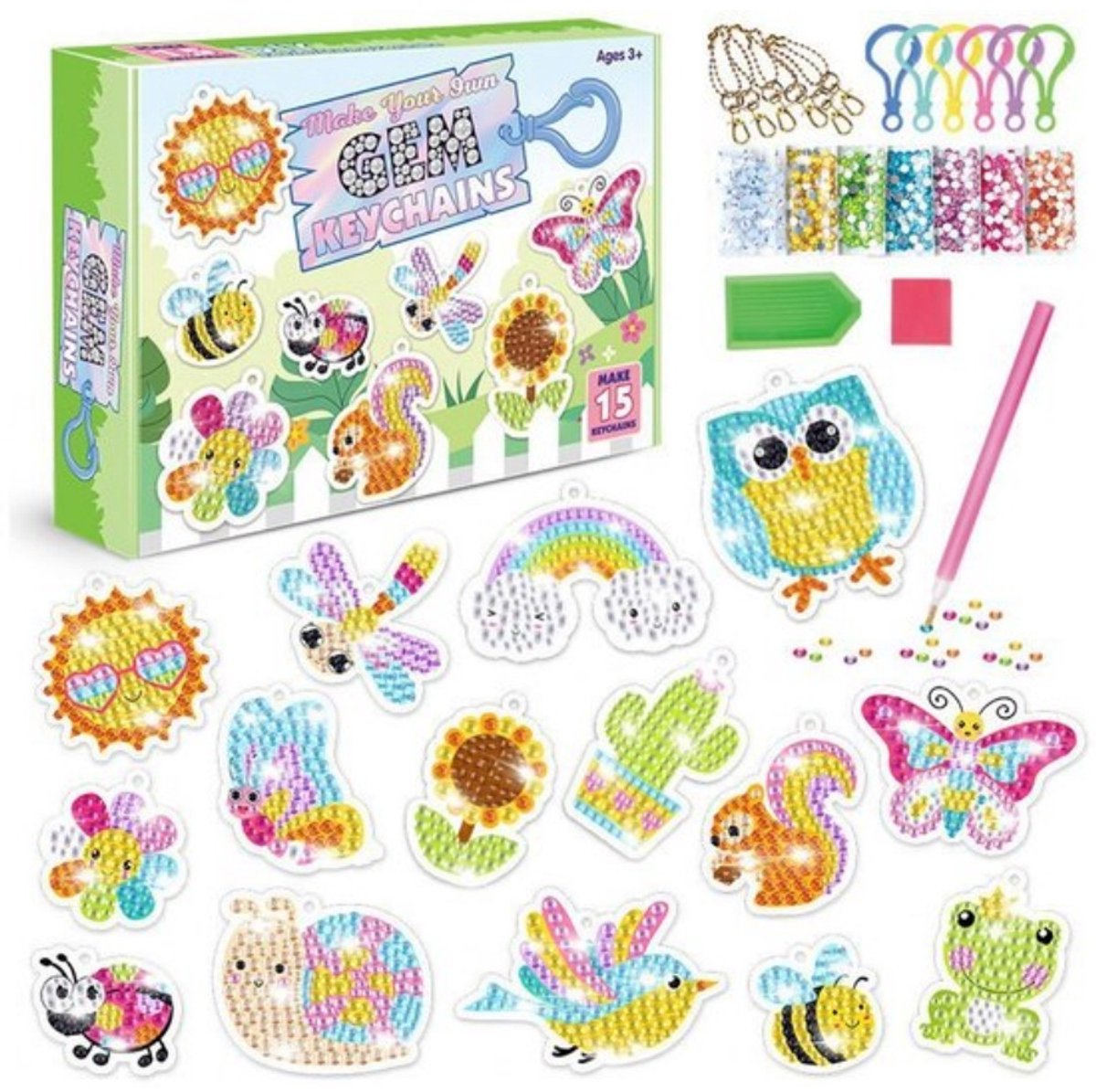 Daity 15 stuks - Kinderdiamantschilderset - DIY-diamantkunstsleutelhanger - Diamantschildersleutelhanger - Ideaal cadeau - Geschikt voor kinderen vanaf 3 jaar
