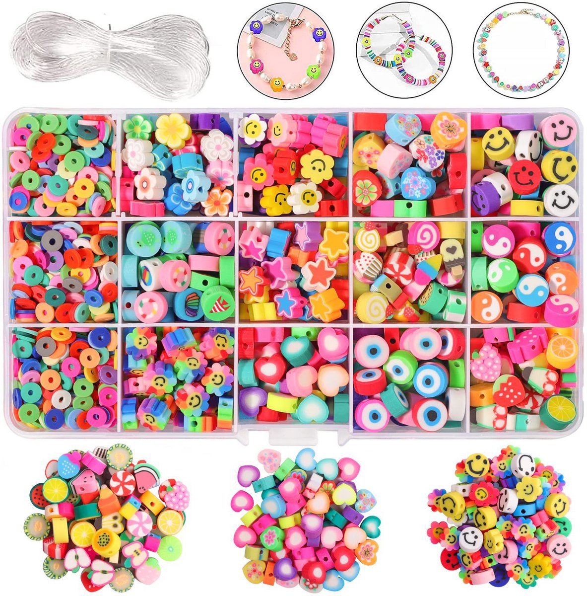 Daity 300 stuks fruitbloem polymeerklei kralen, 15 schattige hartvormige paddenstoel klei kralen voor het maken van sieraden, kettingen en oorbellen, DIY armbanden maken kit accessoires voor vrouwen en meisjes