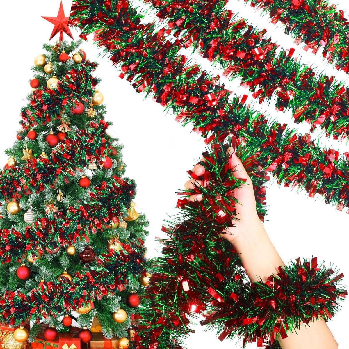 Daity 4m - Kerstdecoratie, kerstversiering met kerstversiering, hangende kerstversiering in de vorm van een kerstboom met glitter, geschikt voor binnen- en buitendecoratie als trapleuning (rood en groen, 4m)