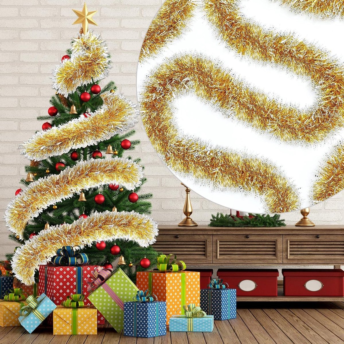 Daity 4m Kerstversiering, kerstversiering, hangende kerstversiering in de vorm van een kerstboom, geschikt voor binnen- en buitendecoratie als trapleuning (elk 2 meter，goud)