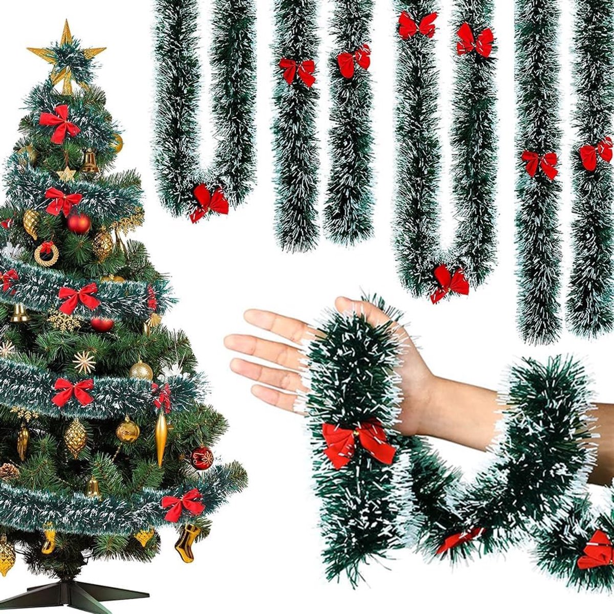 Daity 4m Kerstversiering, kerstversiering, hangende kerstversiering in de vorm van een kerstboom, geschikt voor binnen- en buitendecoratie als trapleuning，Elk heeft 6 bogen (elk 2 meter)