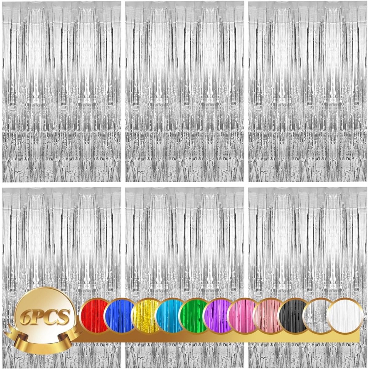 Daity 6 stuks- Deurgordijn, glittergordijnen met kwastjes，Achtergrond Glittergordijn， voor verjaardagen, feestdecoraties (zilver，1 x 2m)