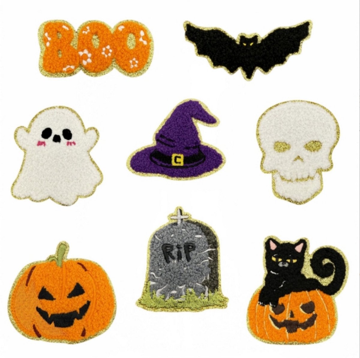 Daity 8-pack Halloween strijkpatches, spookpompoenschedel heksengraf vleermuisspin naaien borduurapplicaties, doe-het-zelf knutselaccessoires borduurserie