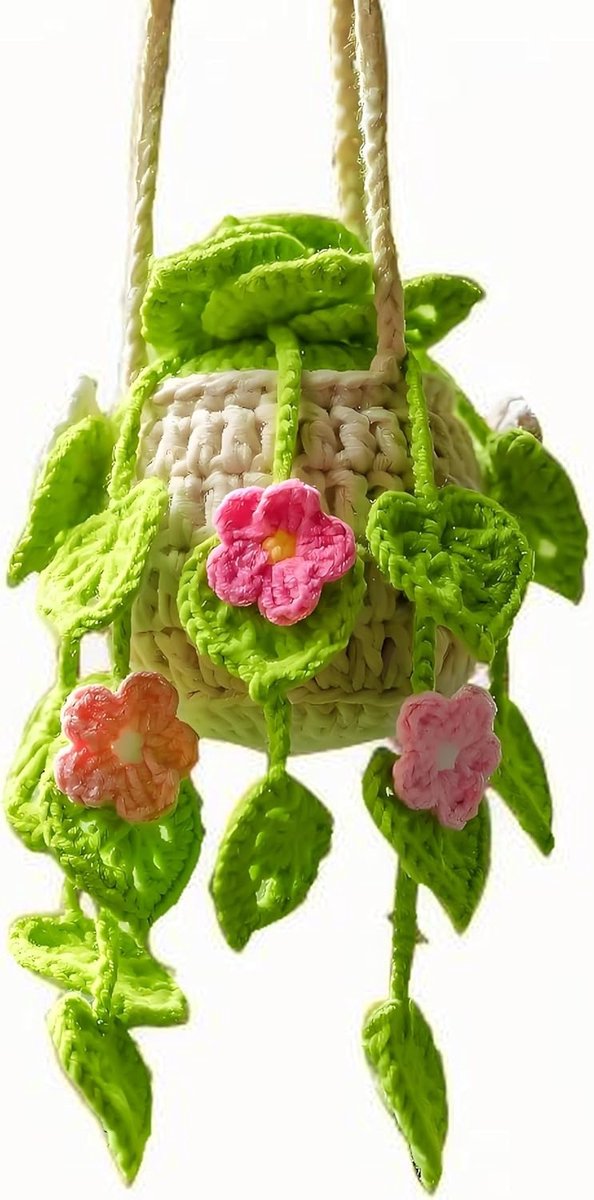 Daity Autohangers, schattige gehaakte plantenhangers voor in de achteruitkijkspiegel, handgeweven, spiegelhangers, auto-interieurversieringen, tuinhangers, roze bloemen