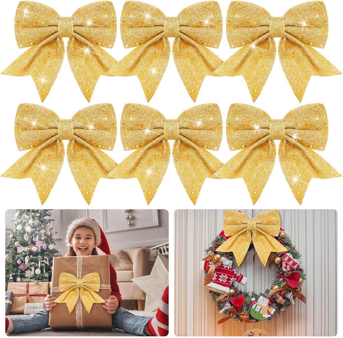 Daity Verpakking van 6 - 7,2 inch kerstgouden glitterstrikken, kant-en-klare lintstrikken voor cadeauverpakkingen, kransen, slingers, kerstknutsels, kerstbomen voor buiten en woonaccessoires