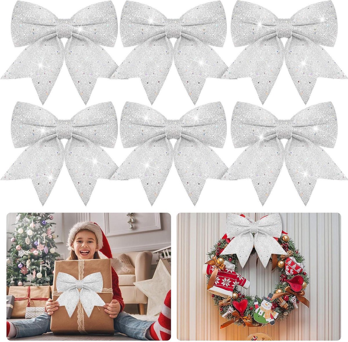 Daity Verpakking van 6 - 7,2 inch kerstgouden glitterstrikken, kant-en-klare lintstrikken voor cadeauverpakkingen, kransen, slingers, kerstknutsels, kerstbomen voor buiten en woonaccessoires