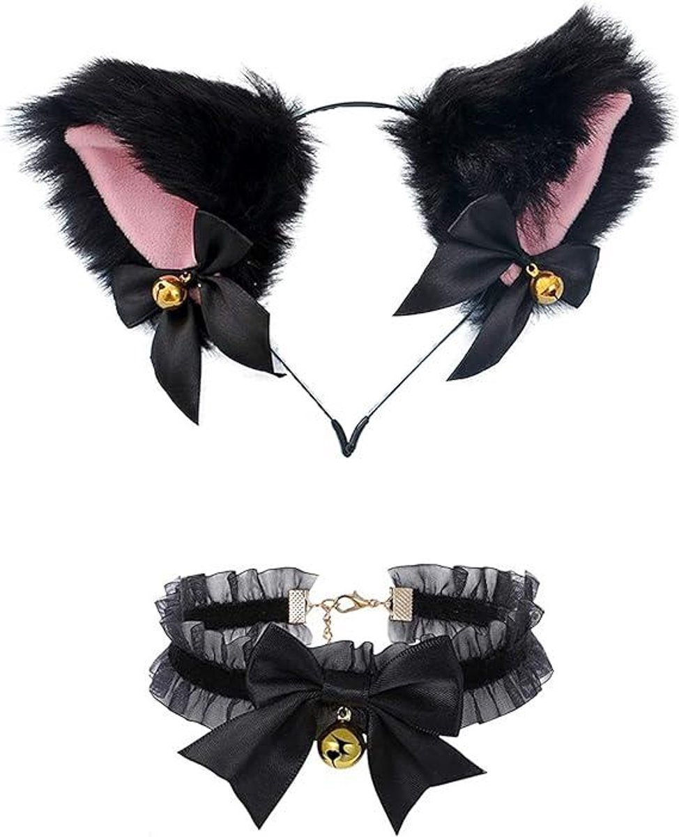 Daity Zwarte kattenoren hoofdbandset voor meisjes, Halloween cosplay kattenkostuum, nepbont oren hoofdband haaraccessoires voor volwassenen en kinderen