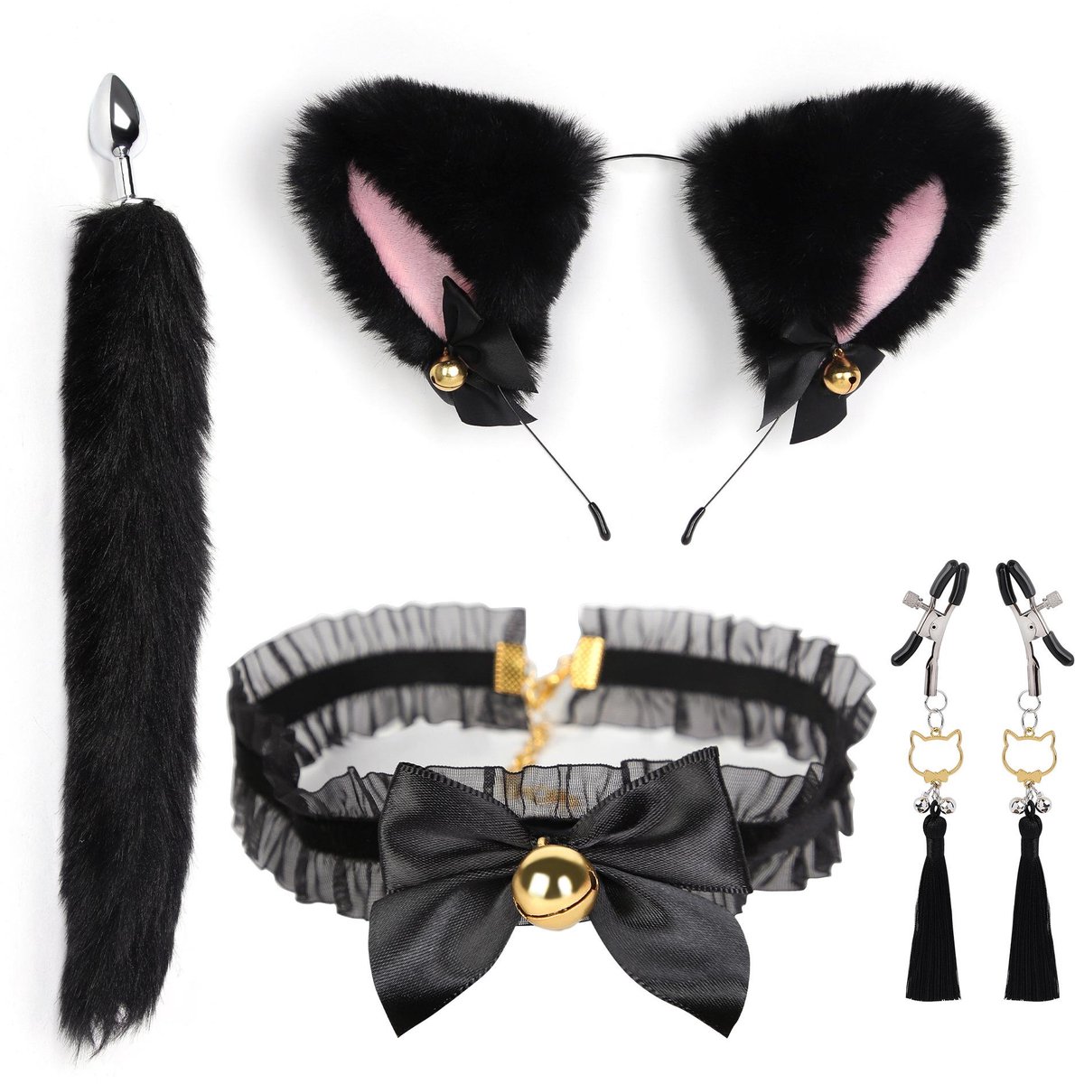 Daity Zwarte kattenoren hoofdbandset voor meisjes, Halloween cosplay kattenkostuum, nepbont oren hoofdband haaraccessoires voor volwassenen en kinderen