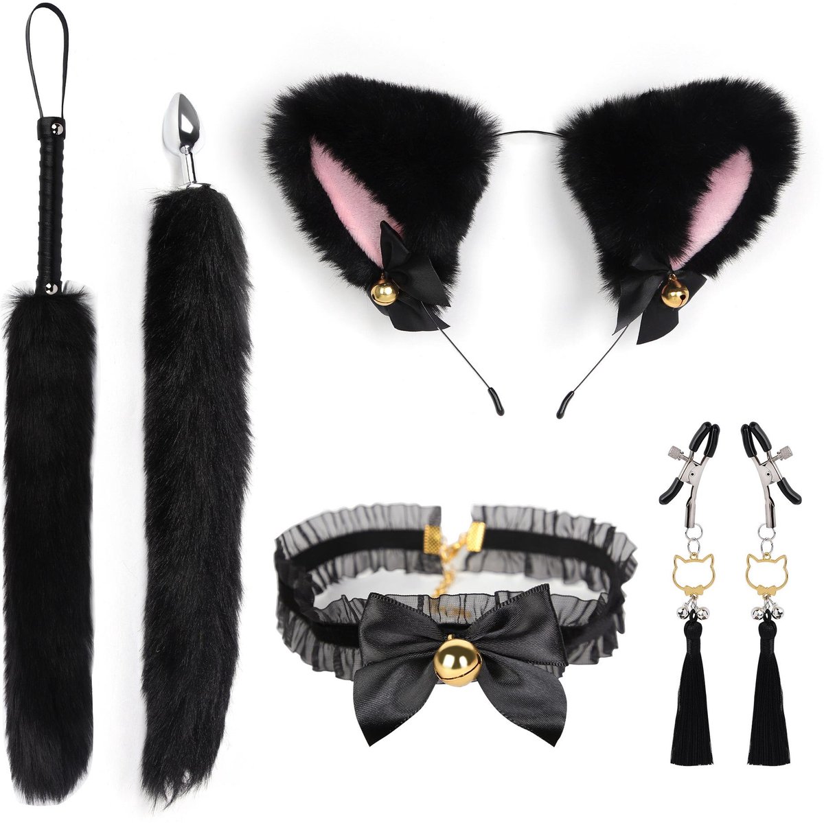 Daity Zwarte kattenoren hoofdbandset voor meisjes, Halloween cosplay kattenkostuum, nepbont oren hoofdband haaraccessoires voor volwassenen en kinderen
