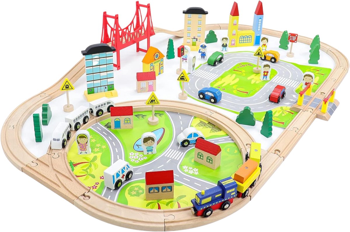 Dastium Kids - 82 Delige Treinset - Houten Speelgoed Trein Set - Treinbaan - Treinspeelset - Inclusief Speelmat