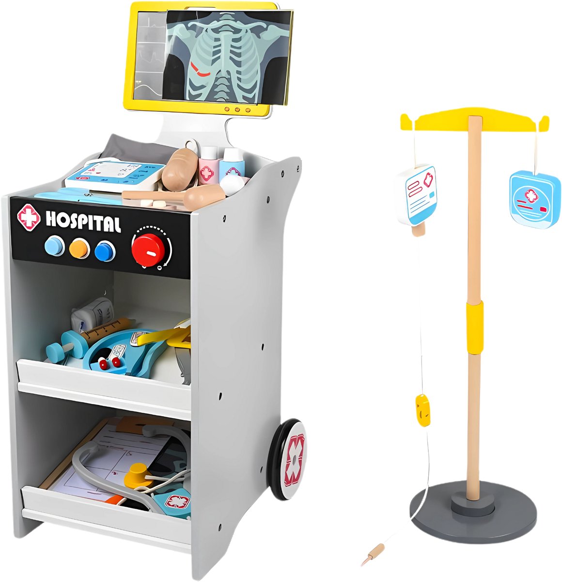 Dastium Kids - Doktersset Speelgoed - Dokterskar met Infuus - Montessori Speelgoed - Houten Dokter Speelgoed - Inclusief Acccessoires