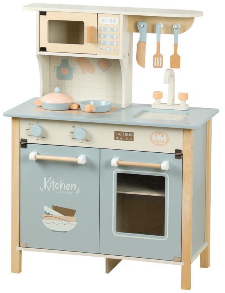 Dastium Kids - Houten Speelgoed Keuken - Speelkeuken - Kinderkeuken met Accessoires - Inclusief Pannenset Keukengerei en Speelgoedeten - Blauw