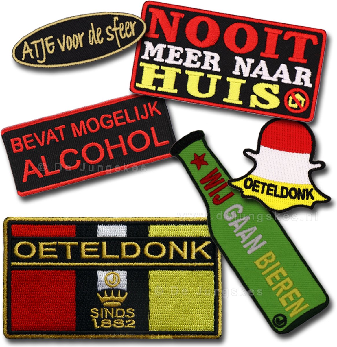 Oeteldonk emblemen voordeelpakket Nooit meer naar huis - Set van 6 stuks