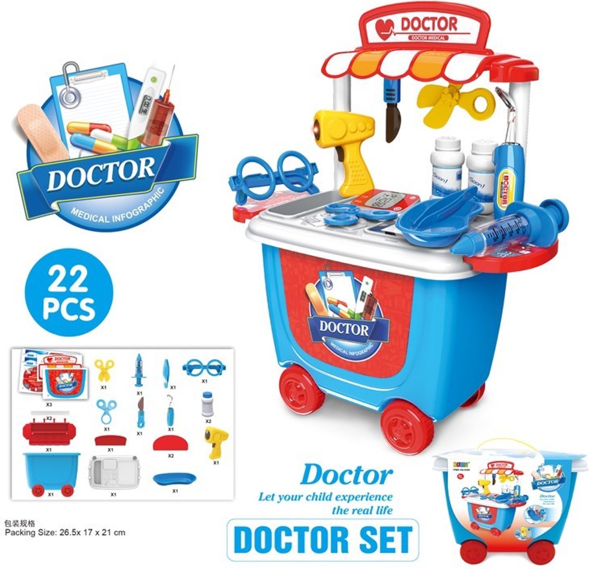 Meeneem dokterssetje met vele accessoires in handig meeneem koffertje op wielen