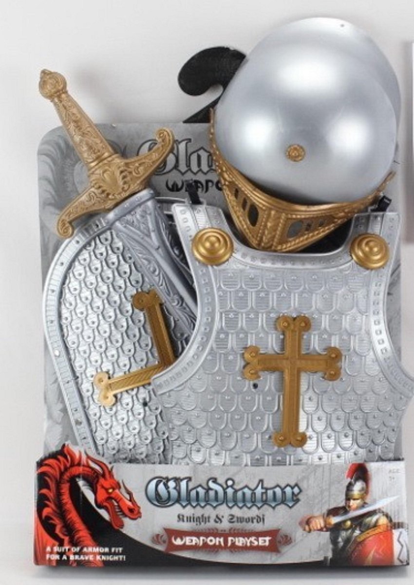Ridderset verkleedset met zwaard, helm, harnas en schild