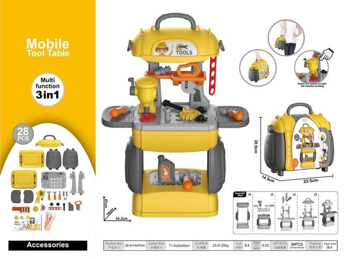 compacte werkbank met werkgerief in handige meeneemkoffer 3in1