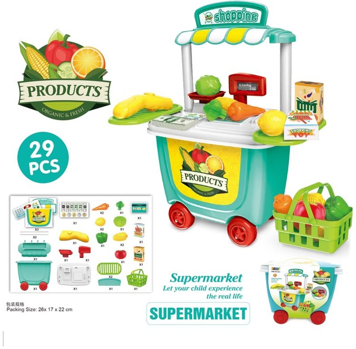 supermarkt winkeltje of marktkraam in meeneemkoffertje op wielen