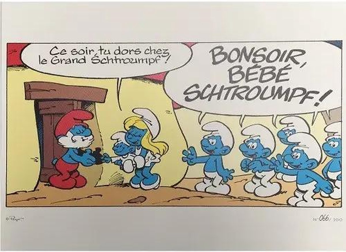Smurfen Litho plaat/ tekening gelimiteerd Baby smurf 100 stuks 40x30 cm