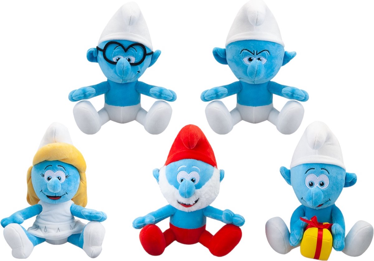 Smurfenknuffels - zittend - 5 stuks - Smurfin - Lolsmurf - Grote Smurf - Moppersmurf en brilsmurf
