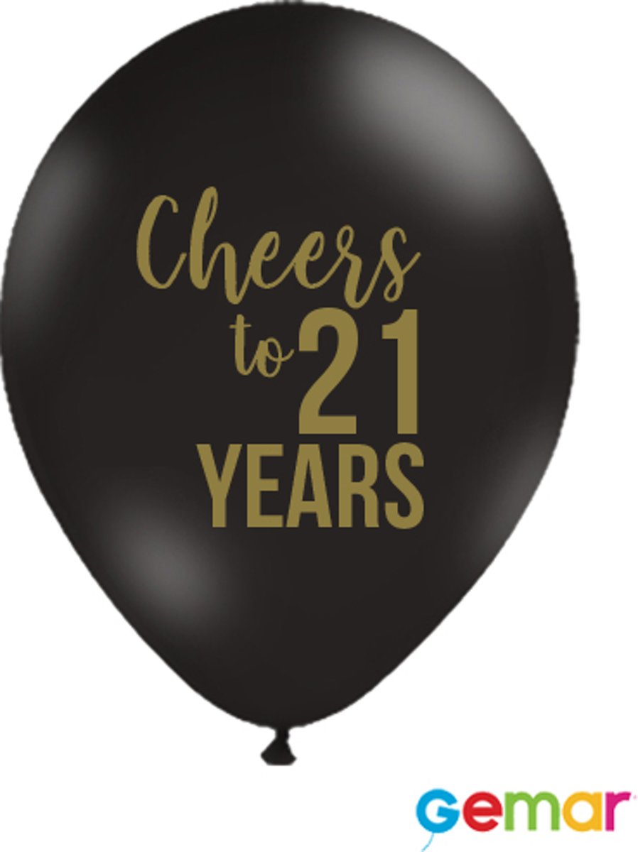 Ballonnen “Cheers to 21 Years” Zwart met opdruk Goud