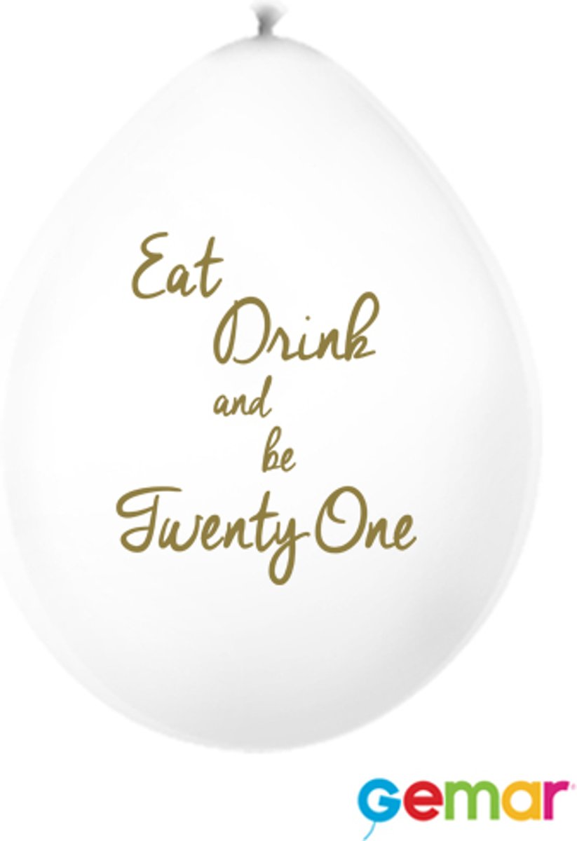 Ballonnen “Eat drink and be 21” Wit met opdruk Goud (lucht)
